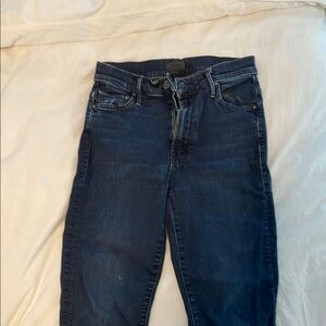 Mother Blue Boot Cut Jeans with High Waist and Contrast Stitching